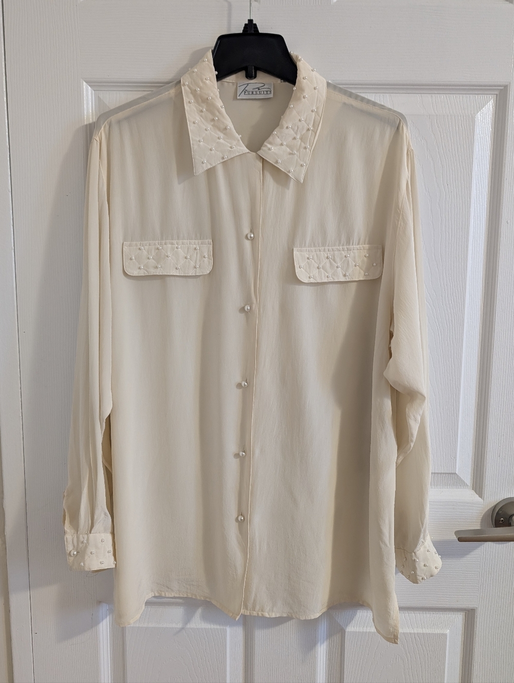 Pursuits Vintage Chic 100% Silk Cream Pearl Embellished Blouse Old Money